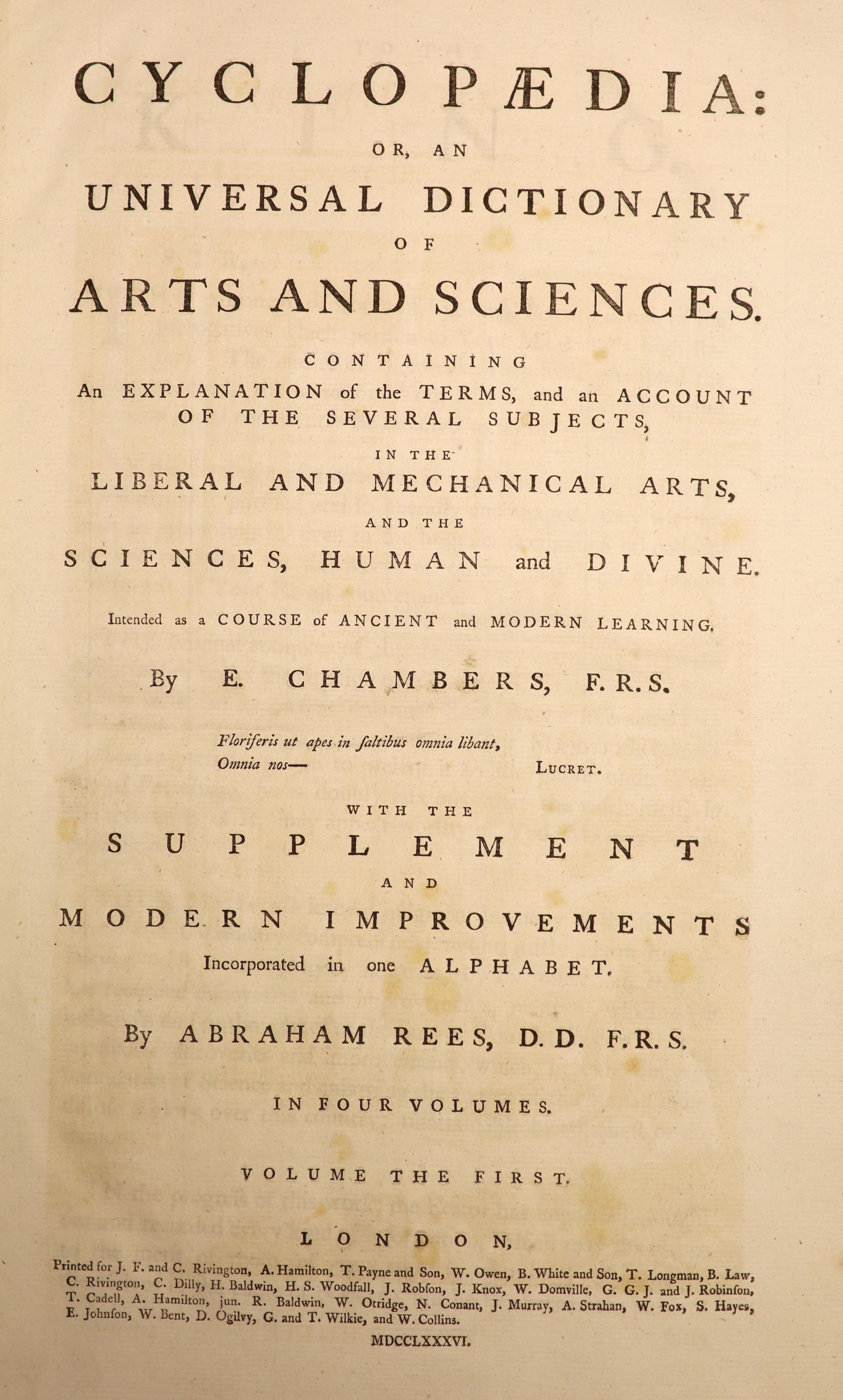 Chambers, Ephrain. Cyclopaedia: or, An Universal Dictionary of Arts and Sciences ..., 5 vols, (including Supplement and Plates volume), with hundreds of illus. on the very many engraved plates: contemp. gilt decorated tr